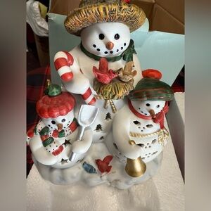 PartyLite Holiday Snowman Collection White Red Christmas Candle Holder Decor